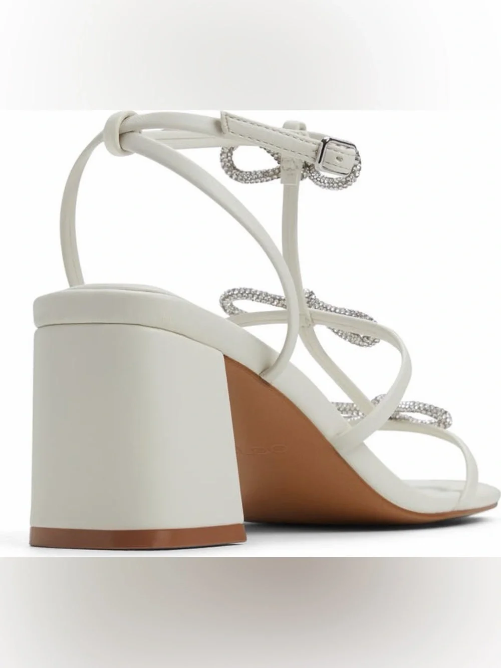 NEW! ALDO Kaeli Ankle Strap Sandal White Rhinestone Bows & Chunky Heel NIB Sz 10